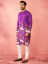 Men's Purple Dola Silk Digital Print Kurta with Cream Pyjama